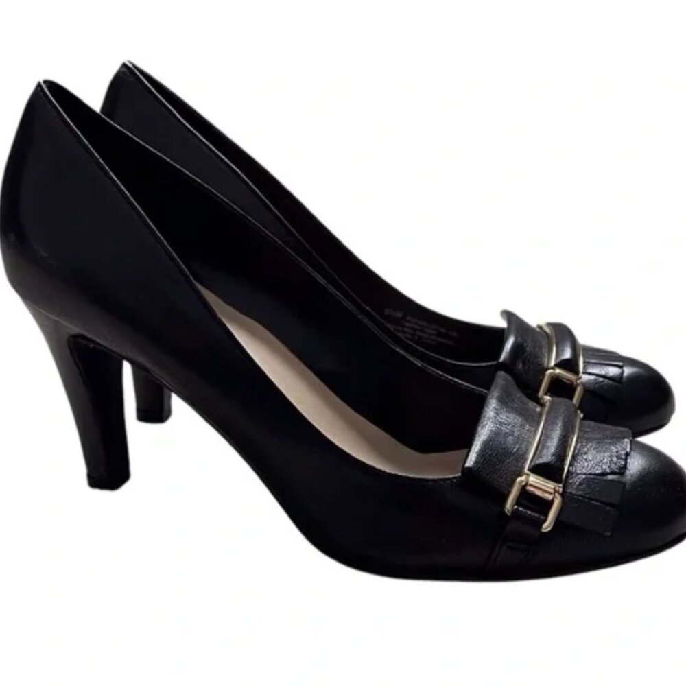 Franco Sarto Women’s Size 6.5 Rufino Loafer Heal Black Leather Fringe Classic